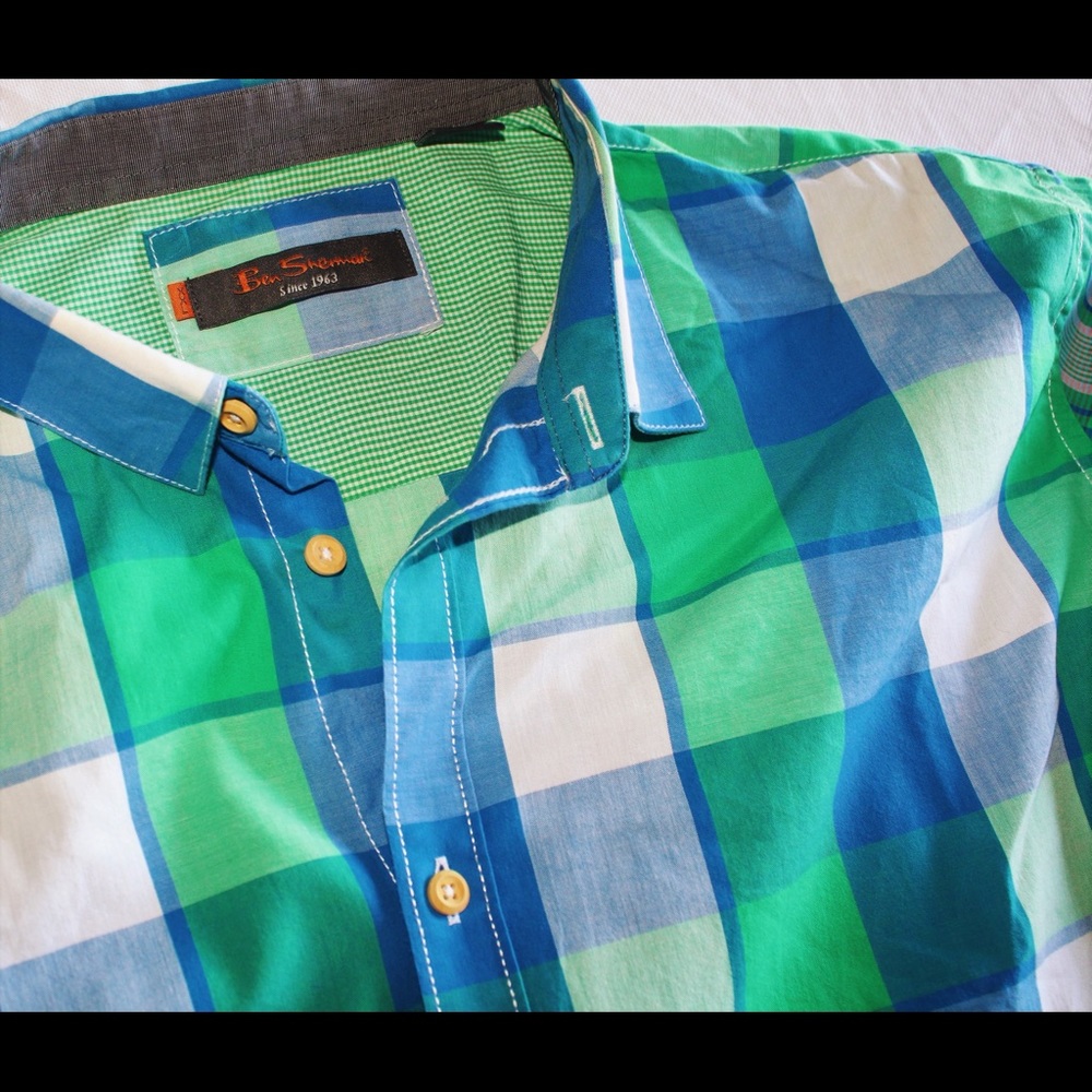 BEN SHERMAN green/blue checkered plaid shirt - Picture 2 of 4